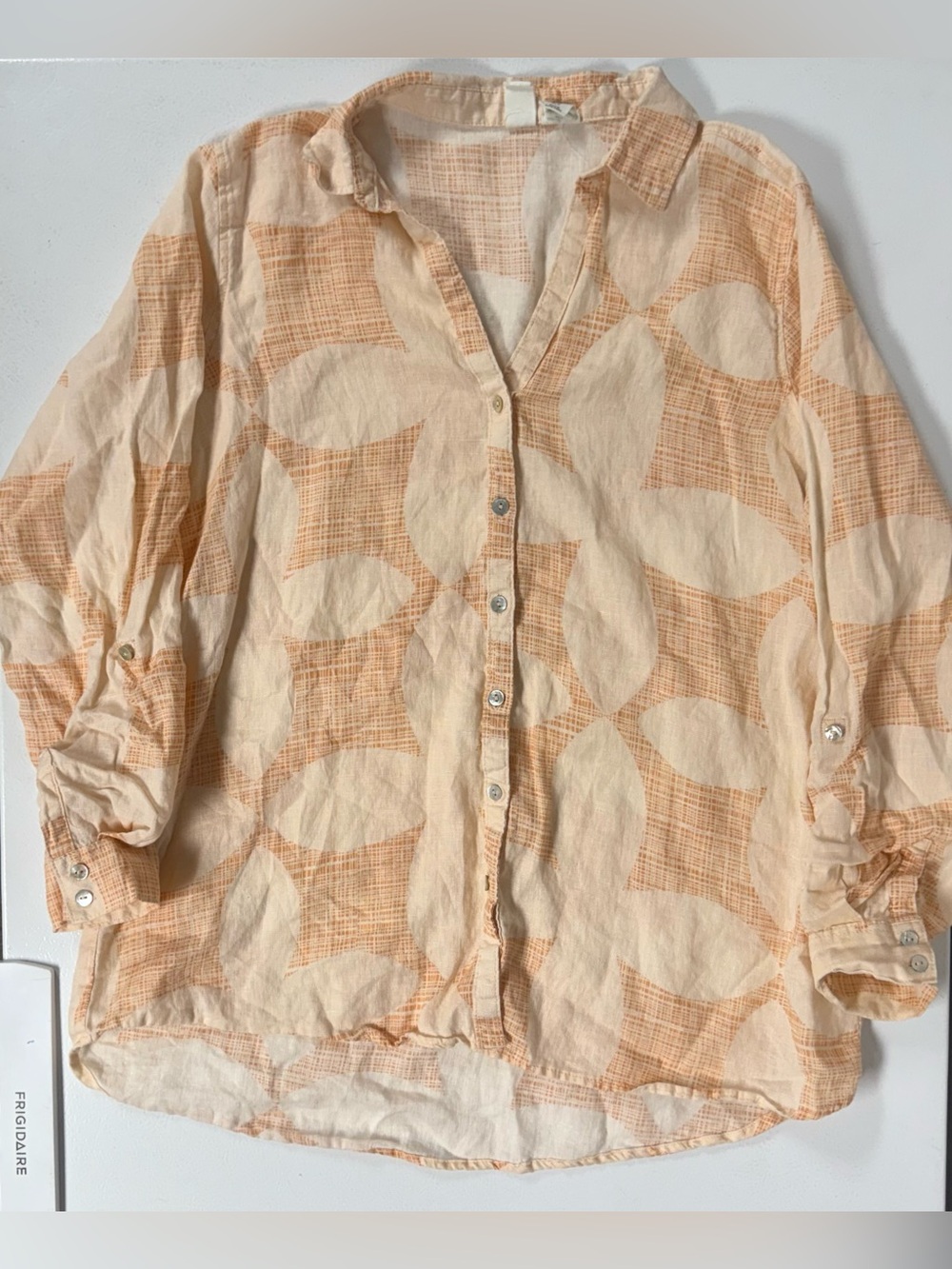 Joie Linen Floral Print Top Button V-Neck Orange Coastal Beach Resort Women XL